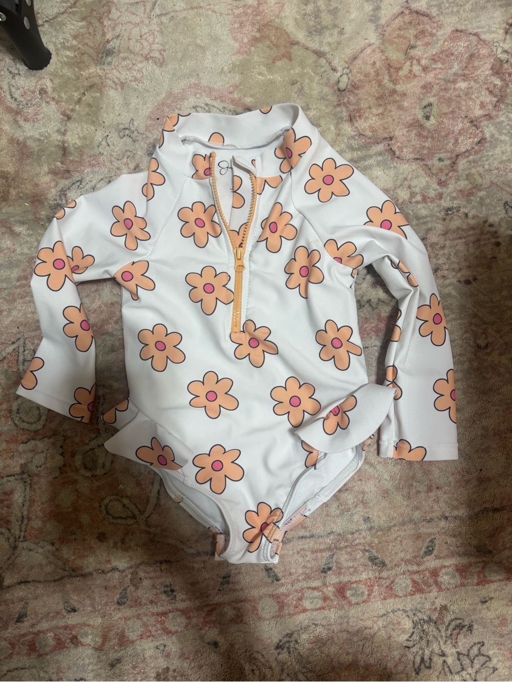 Jessica Simpson White Long-Sleeve One-Piece Swimsuit with Peach Floral Print